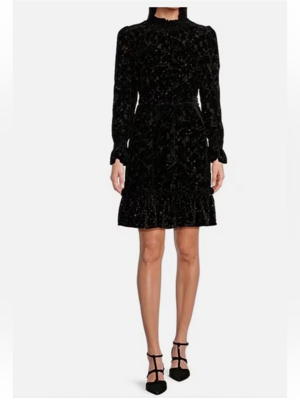 NWT Alex Marie Black Velvet Burnout Long-Sleeve Ruffle-Hem Mini Dress Tie Waist